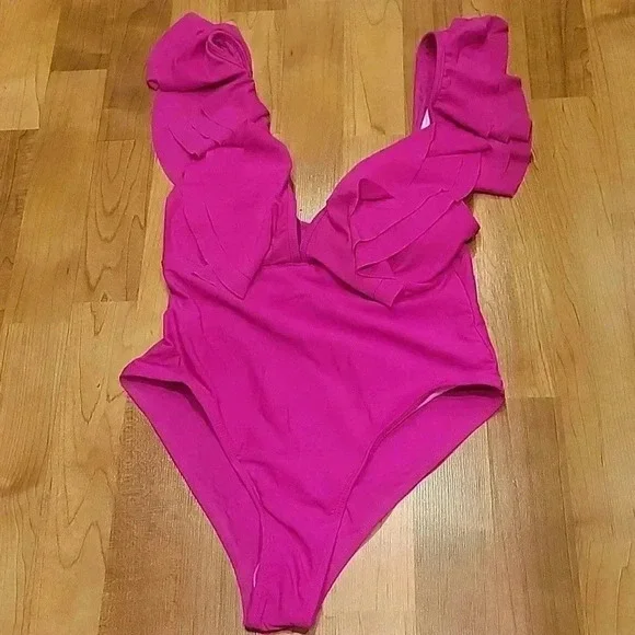 Swim One Piece Layered Ruffles Fuschia Pink M NWOT - Picture 2 of 10